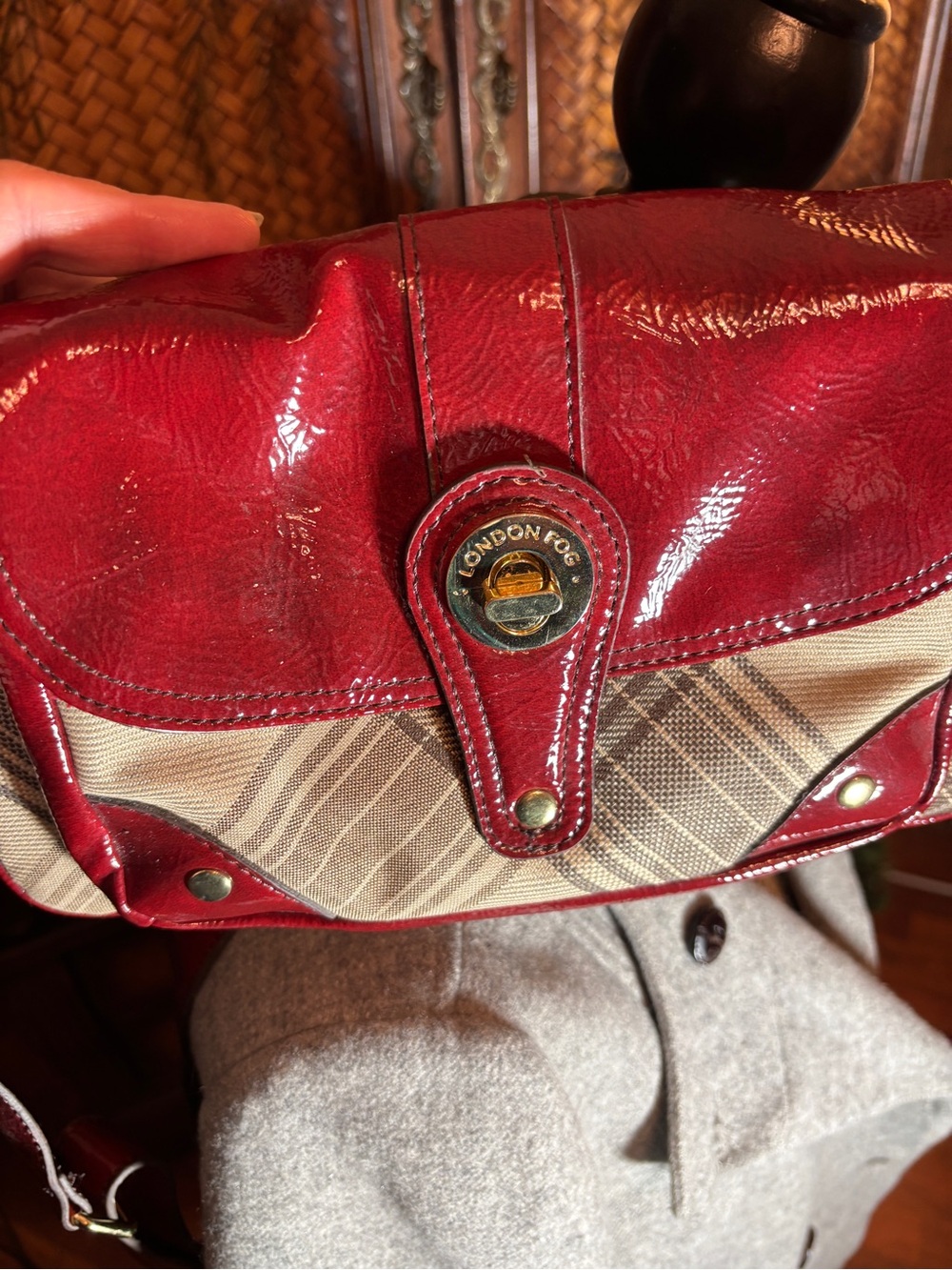 London Fog Red Patent Crossbody with Plaid Accent